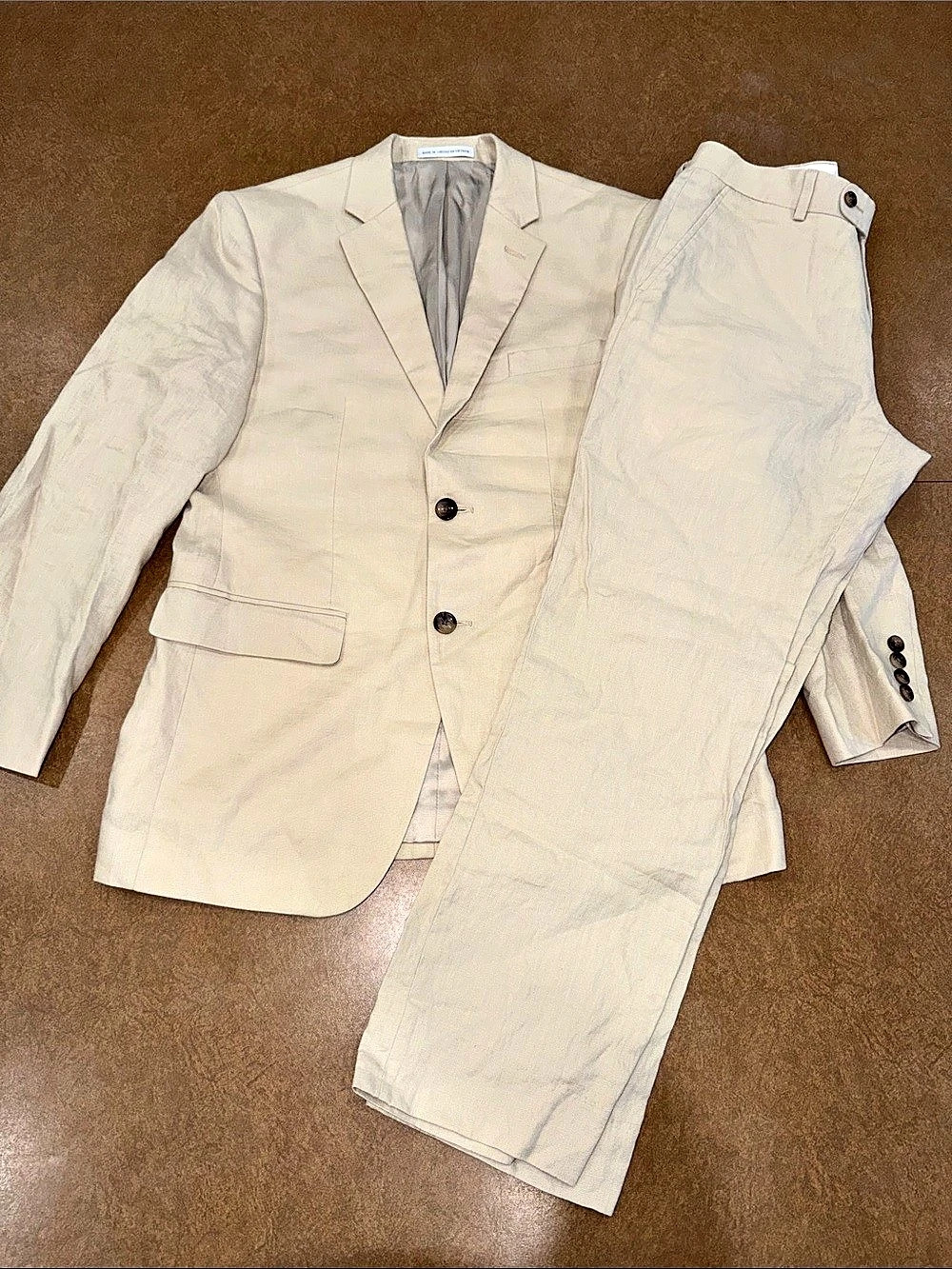 Perry Ellis Portfolio Slim Fit 100% Linen Suit Linen Suit Beige 38S See ALL Pics